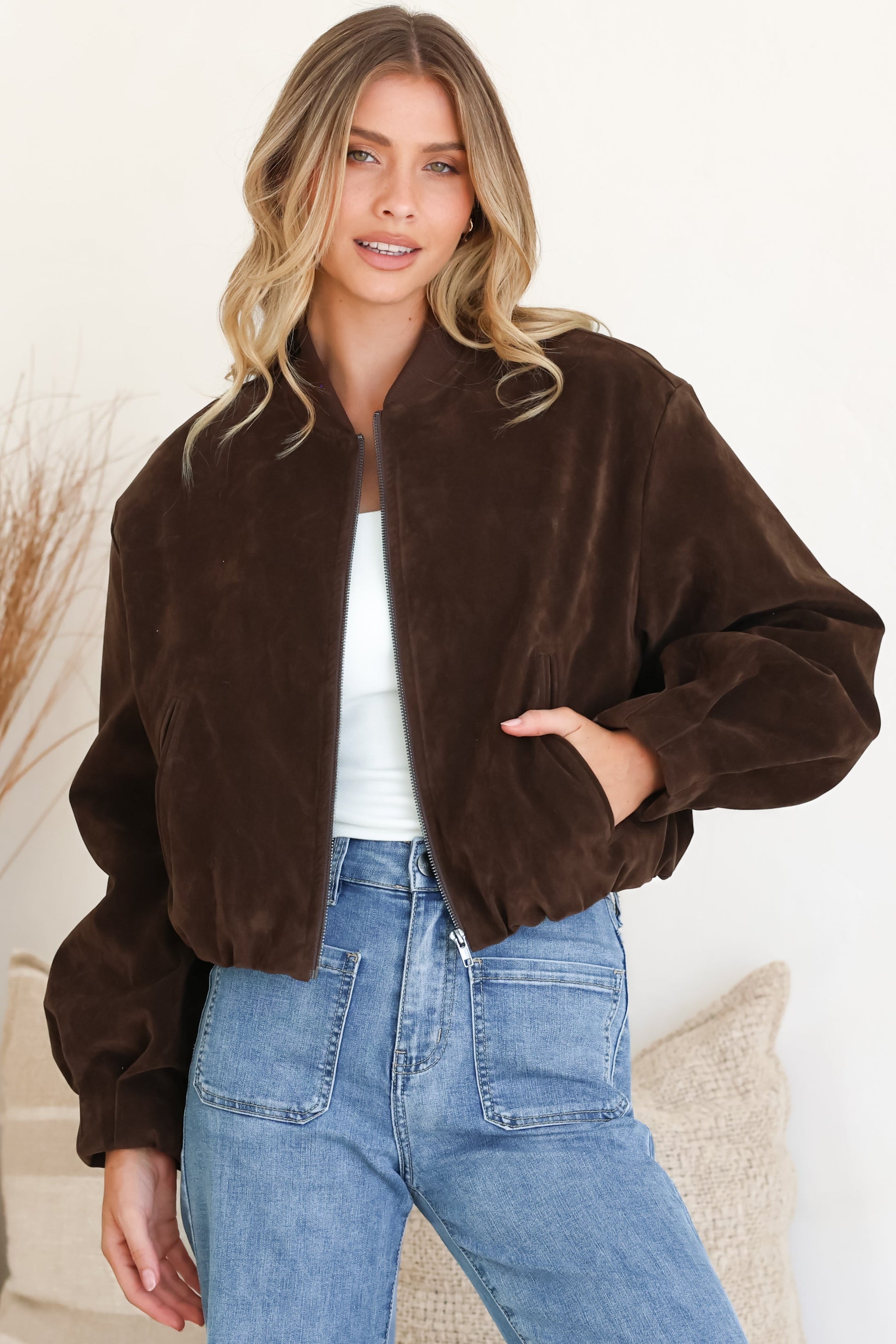 Lowry Jacket - Faux Suede Bomber Jacket with Pockets in Brown