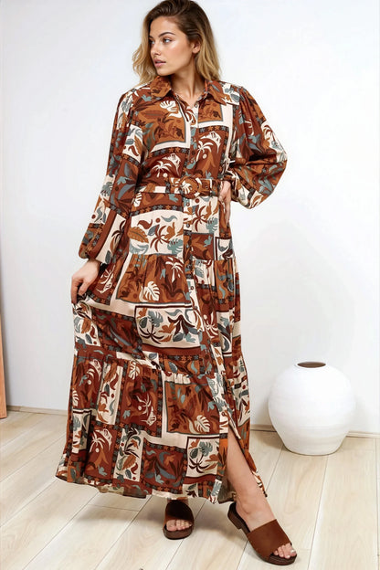 Luxley Maxi Dress - Collared Button Down Shirt Dress with Matching Belt in Jaya Muse Print