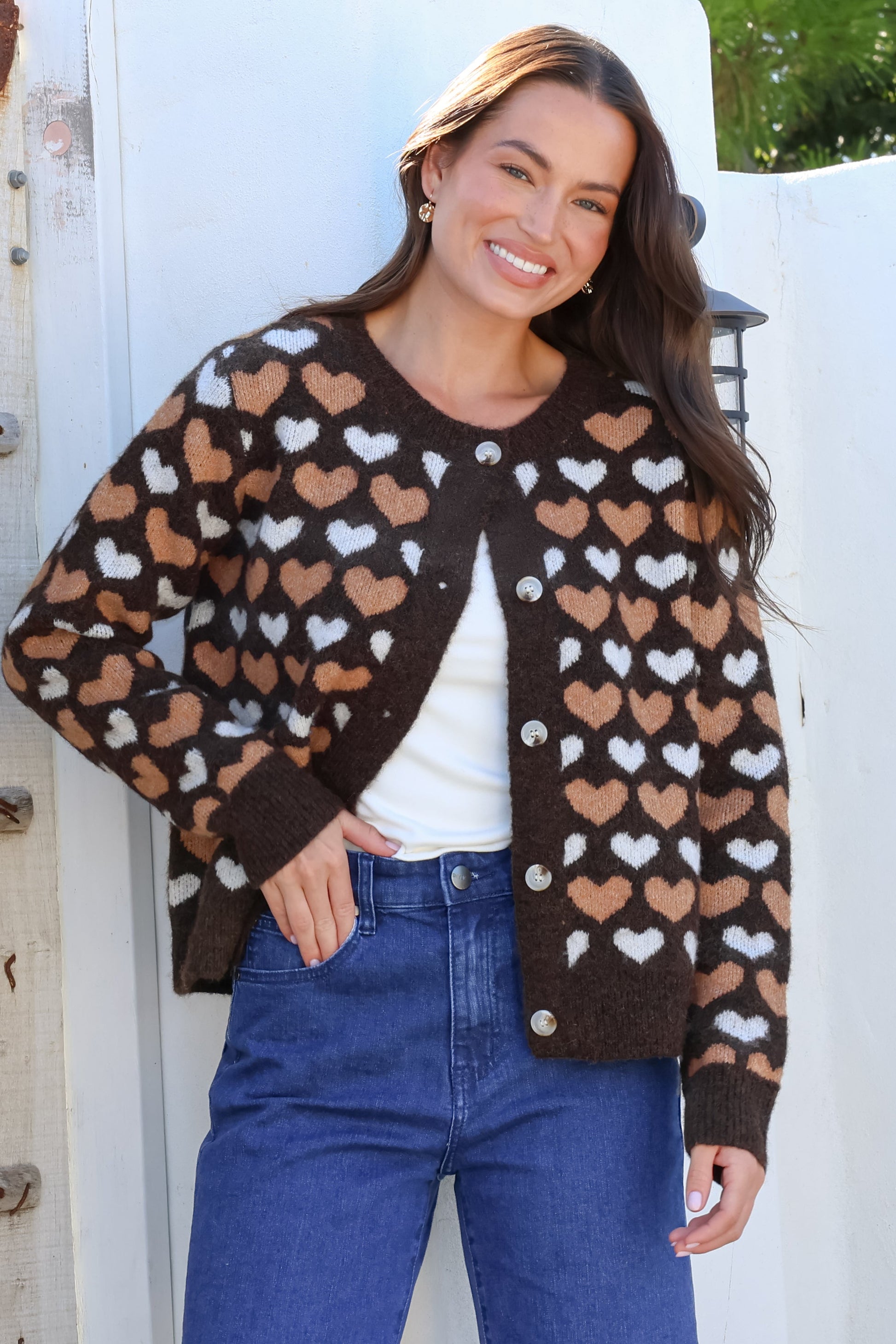 Lynnie Cardigan - Round Neck Button Down Knit with Heart Graphic Motif in Coffee