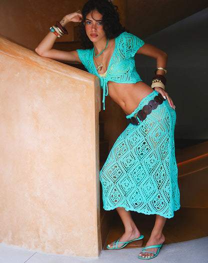 Diora Midi Skirt in Crochet Knit Aqua Sky