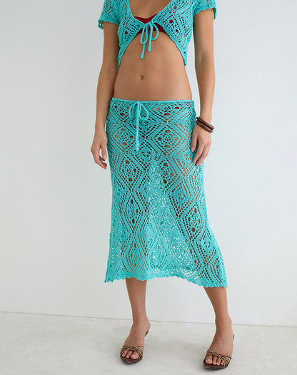 Diora Midi Skirt in Crochet Knit Aqua Sky