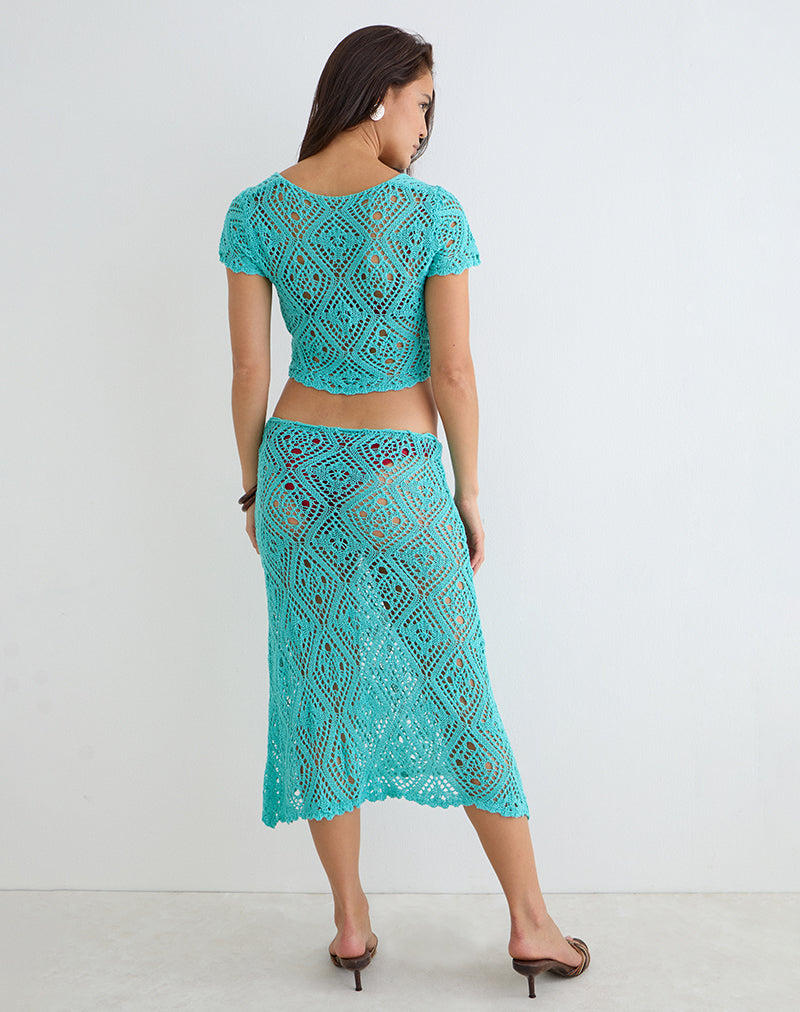 Diora Midi Skirt in Crochet Knit Aqua Sky