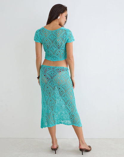 Diora Midi Skirt in Crochet Knit Aqua Sky