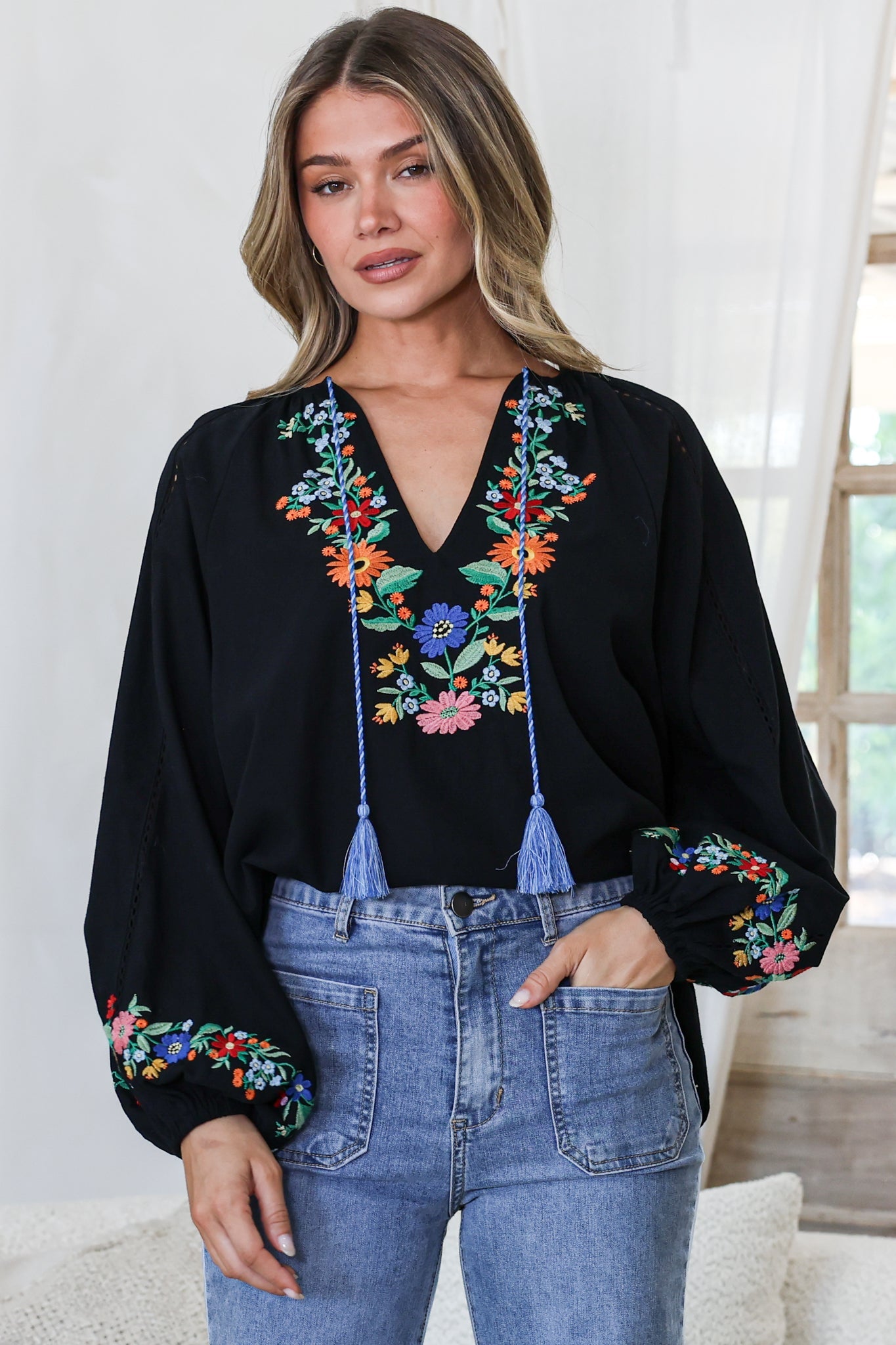 Margerie Top - Floral Embroidered Top with Long Sleeves in Black