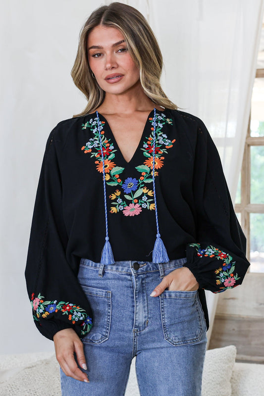Margerie Top - Floral Embroidered Top with Long Sleeves in Black