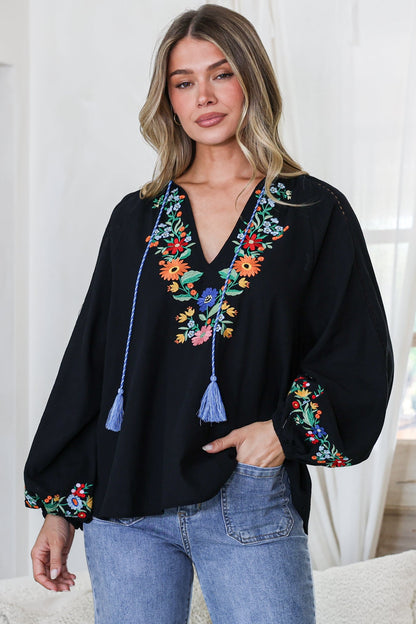 Margerie Top - Floral Embroidered Top with Long Sleeves in Black