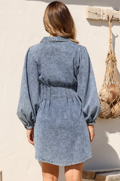 Marlana Mini Dress - Wing Collar A-Line Button Down Denim Dress in Mid Denim Wash