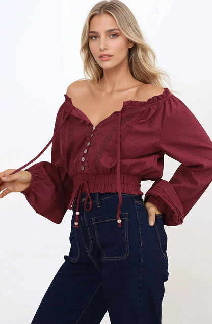 Marlon Top - On or Off Shoulder Pin Tuck Detail Long Balloon Sleeve Crop in Wine