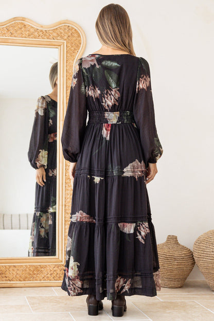 Maroney Maxi Dress - Pleat Detailed A-Line Dress with Balloon Sleeves in Mika Print