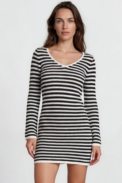 Marza Mini Dress - Long Sleeve Knit Dress with Open Back Detail with Tie Closure in Black/White