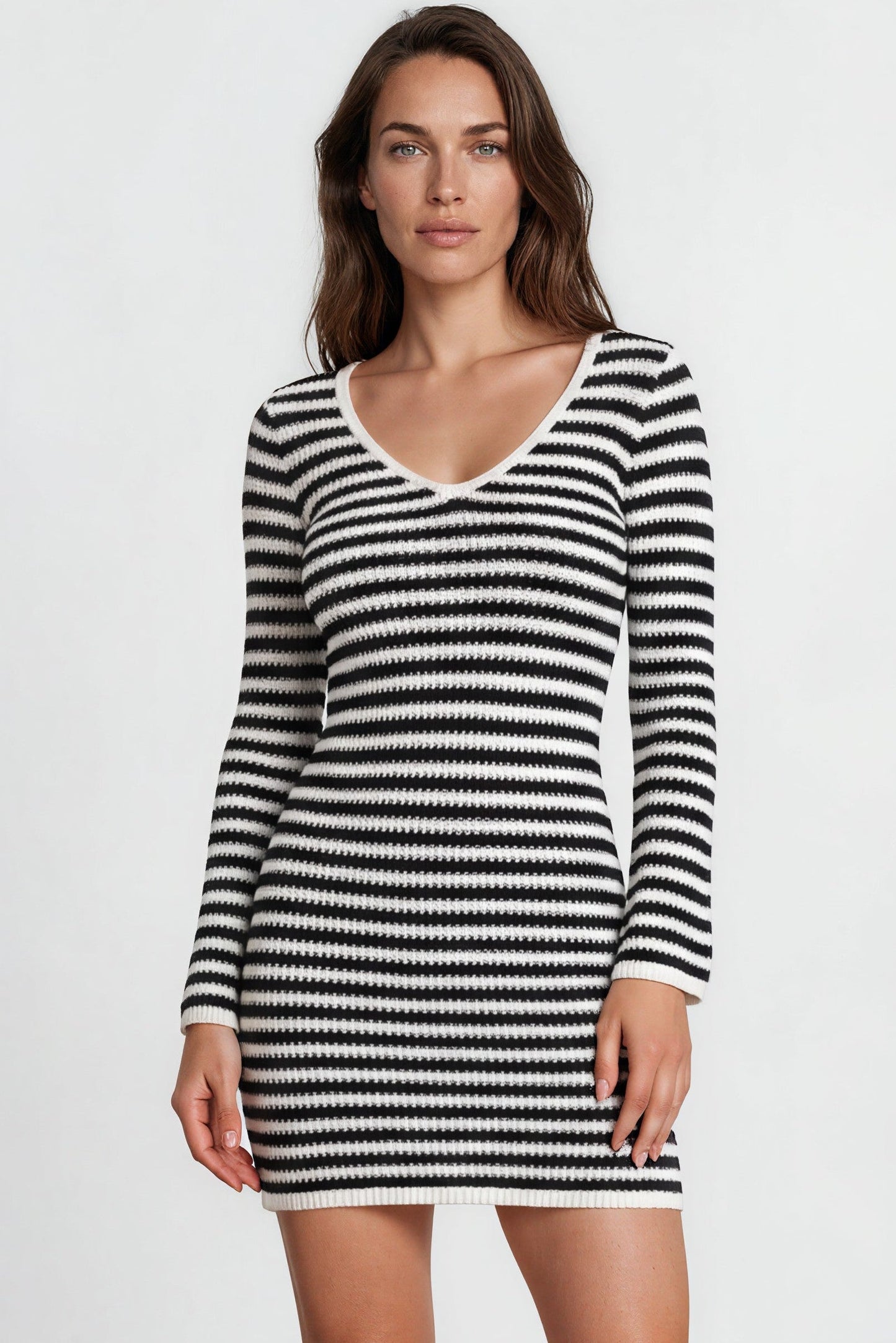 Marza Mini Dress - Long Sleeve Knit Dress with Open Back Detail with Tie Closure in Black/White