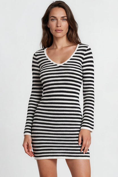 Marza Mini Dress - Long Sleeve Knit Dress with Open Back Detail with Tie Closure in Black/White