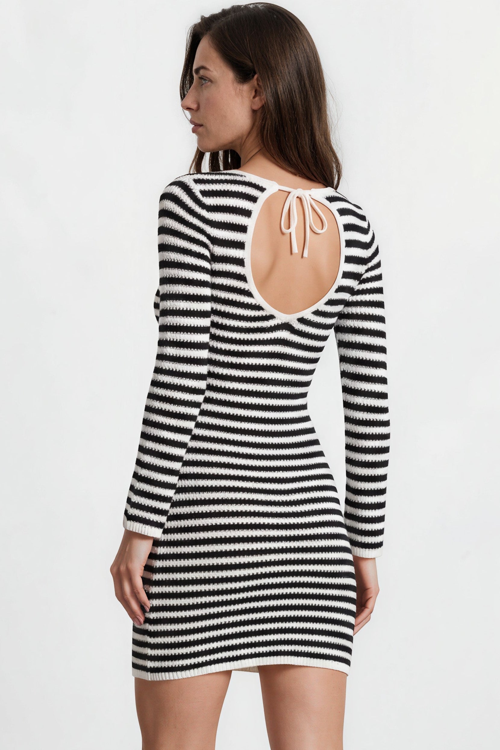 Marza Mini Dress - Long Sleeve Knit Dress with Open Back Detail with Tie Closure in Black/White