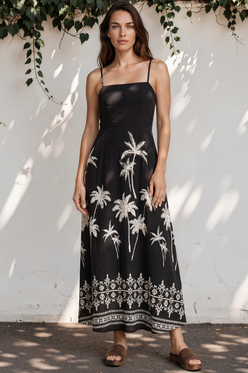 Mattina Maxi Dress: Spaghetti Strap Sun Dress in Aviv Print Black