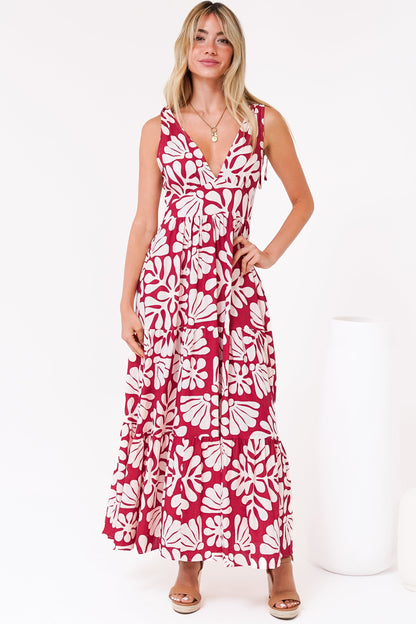 Maude Maxi Dress - Deep V-Neck Ties on Shoulders Tiered Dress in Lunie Print Red