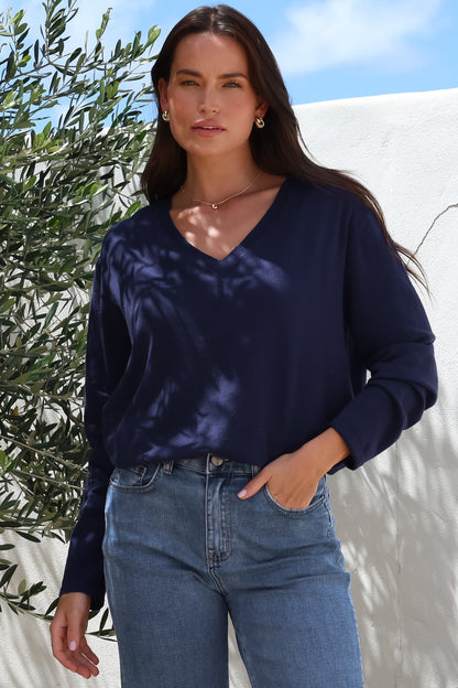 Mayanna Jumper - Light Weight V Neck Knit Jumper with Side Splits in Navy