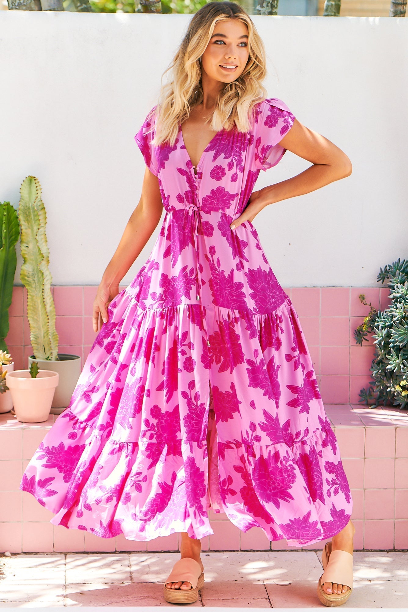 JAASE - Melissa Maxi Dress: Pull Tie Waist Dress with Split in Valentine Print