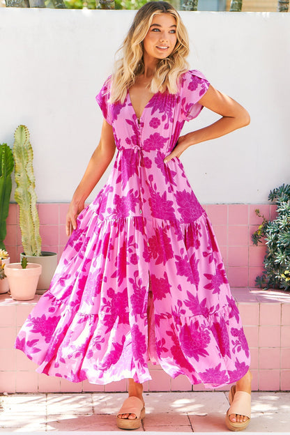 JAASE - Melissa Maxi Dress: Pull Tie Waist Dress with Split in Valentine Print