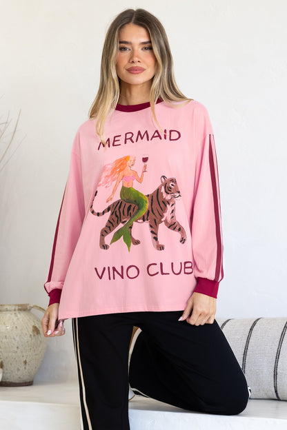 Mermaid Vino Long Sleeve Tee - Crew Neck Contrast Stripe Graphic T-Shirt in Pink