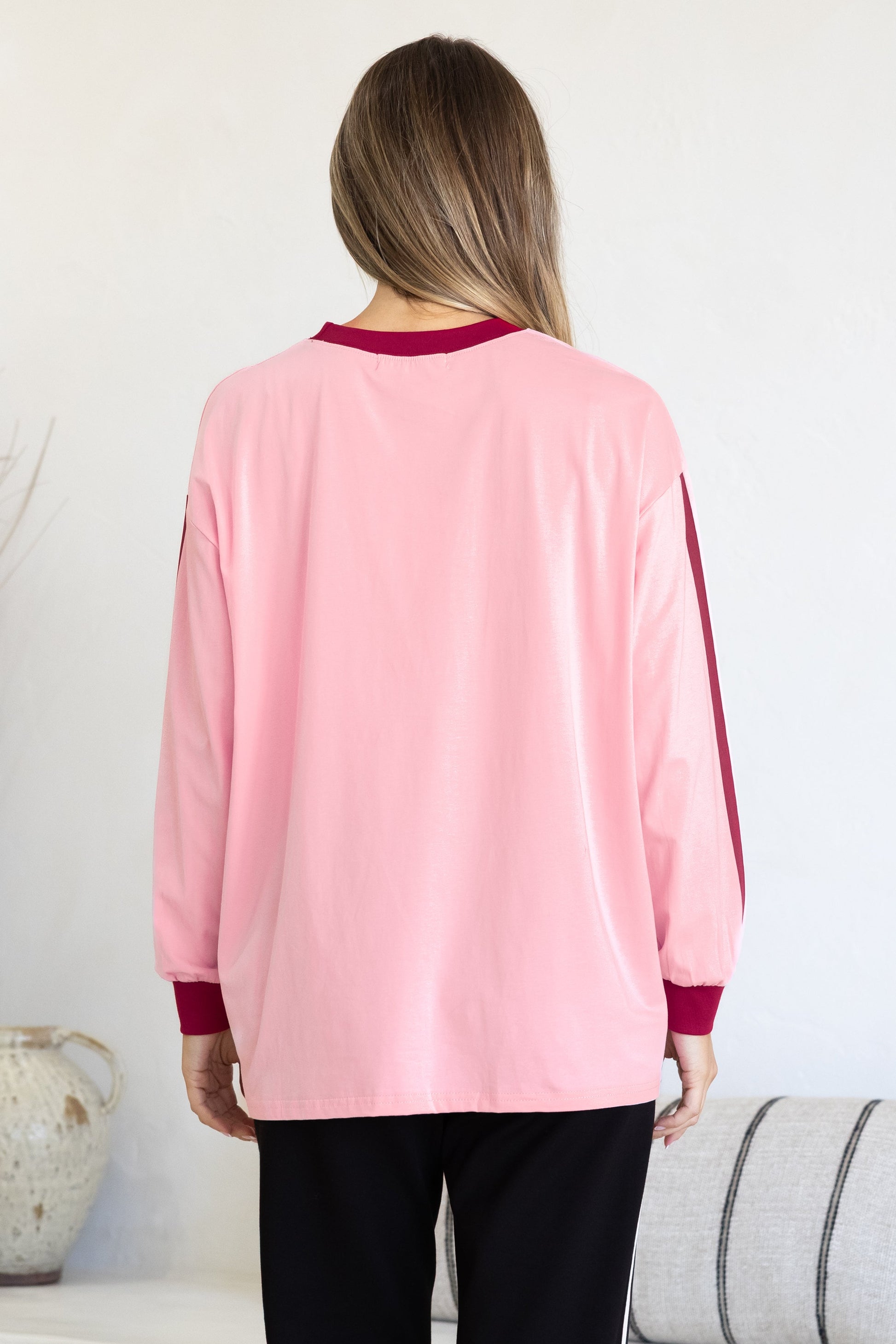 Mermaid Vino Long Sleeve Tee - Crew Neck Contrast Stripe Graphic T-Shirt in Pink