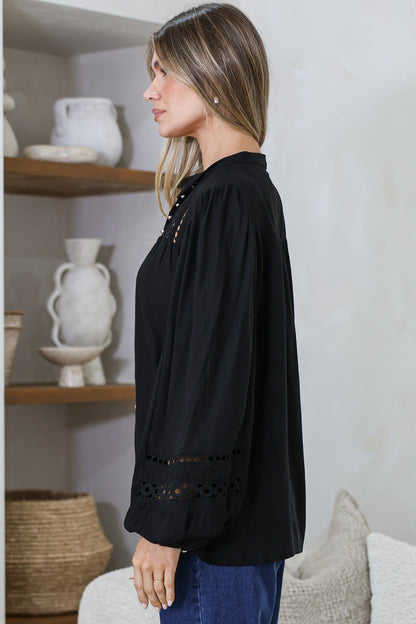 Milano Blouse - Mandarin Collar Button Down with Delicate Lace Cut-Out Detailing in Black