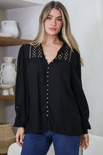 Milano Blouse - Mandarin Collar Button Down with Delicate Lace Cut-Out Detailing in Black