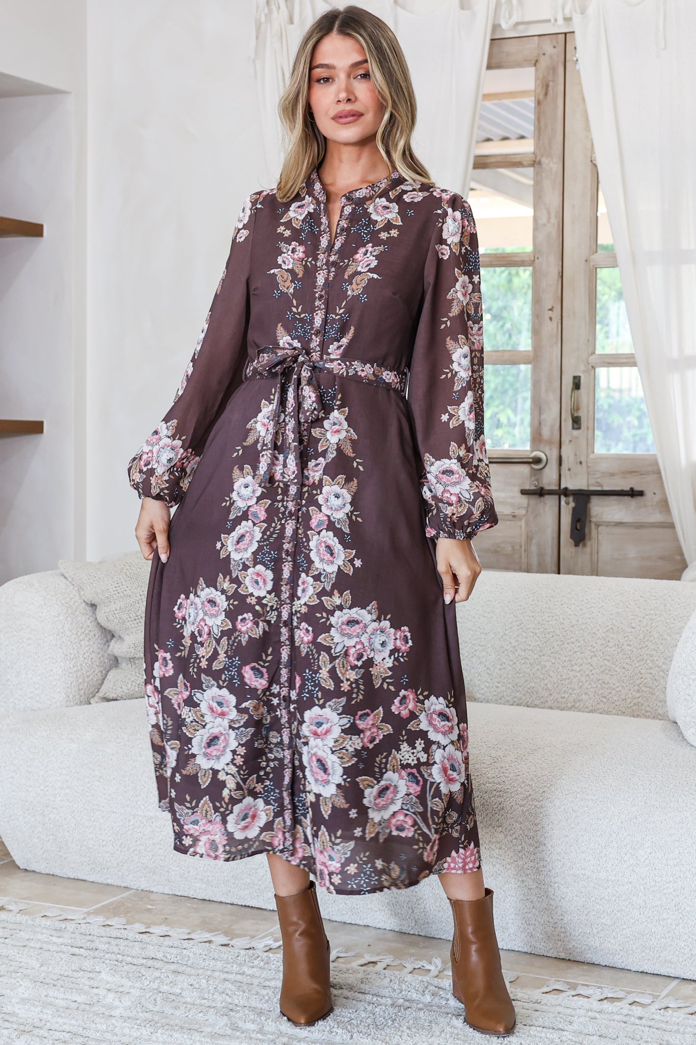 Moreana Midi Dress - Mandarin Collar Button Down Long Sleeve Dress with Belt in Fontana Print Brown