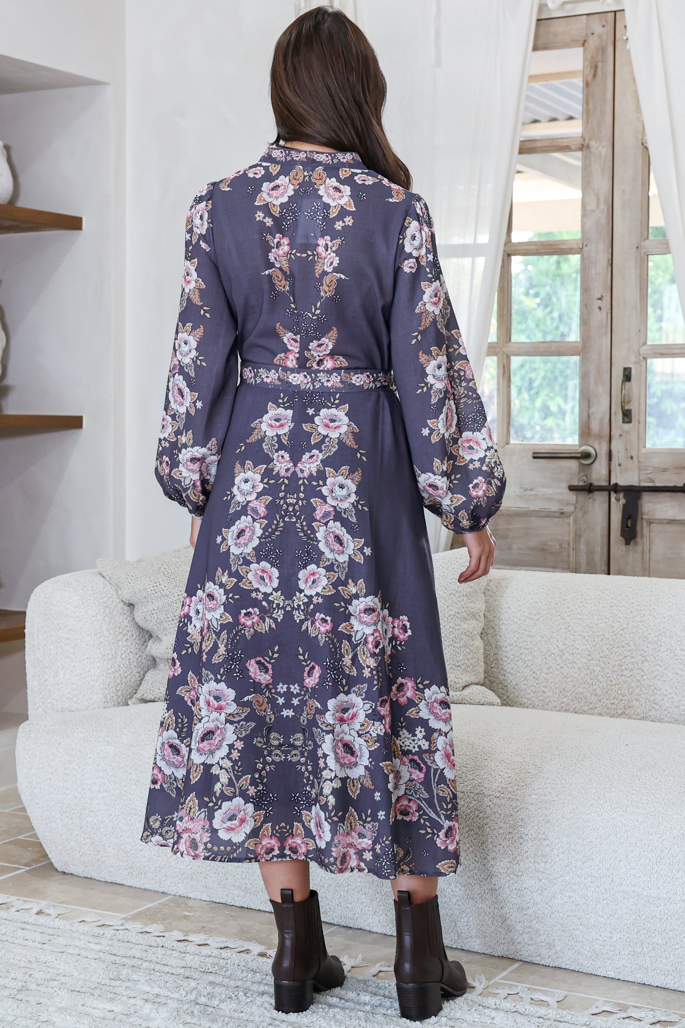 Moreana Midi Dress - Mandarin Collar Button Down Long Sleeve Dress with Belt in Fontana Print Grey