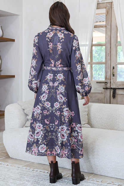 Moreana Midi Dress - Mandarin Collar Button Down Long Sleeve Dress with Belt in Fontana Print Grey
