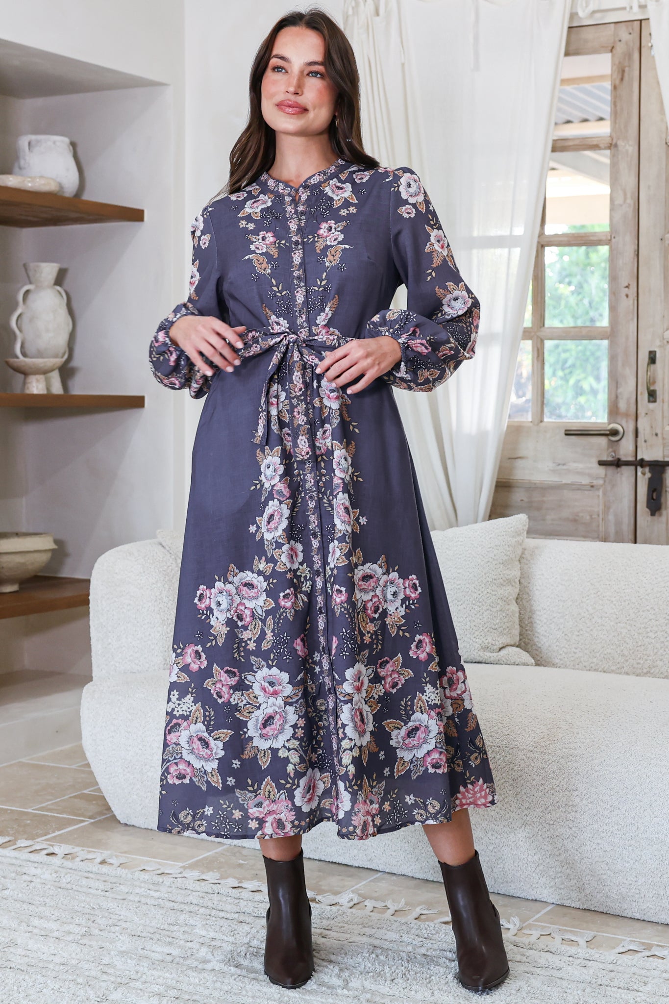 Moreana Midi Dress - Mandarin Collar Button Down Long Sleeve Dress with Belt in Fontana Print Grey