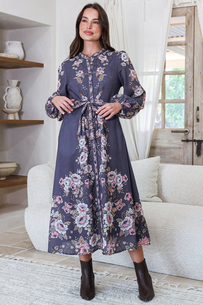 Moreana Midi Dress - Mandarin Collar Button Down Long Sleeve Dress with Belt in Fontana Print Grey