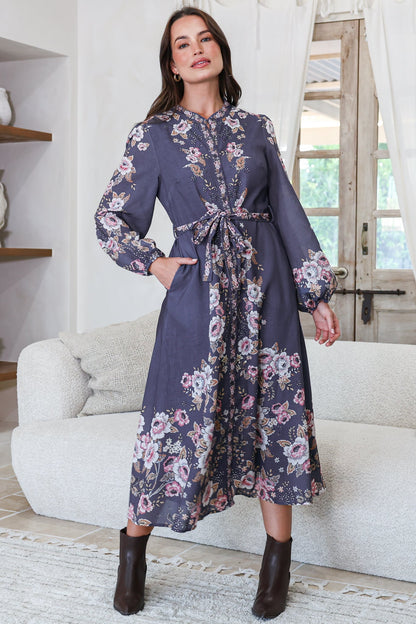 Moreana Midi Dress - Mandarin Collar Button Down Long Sleeve Dress with Belt in Fontana Print Grey