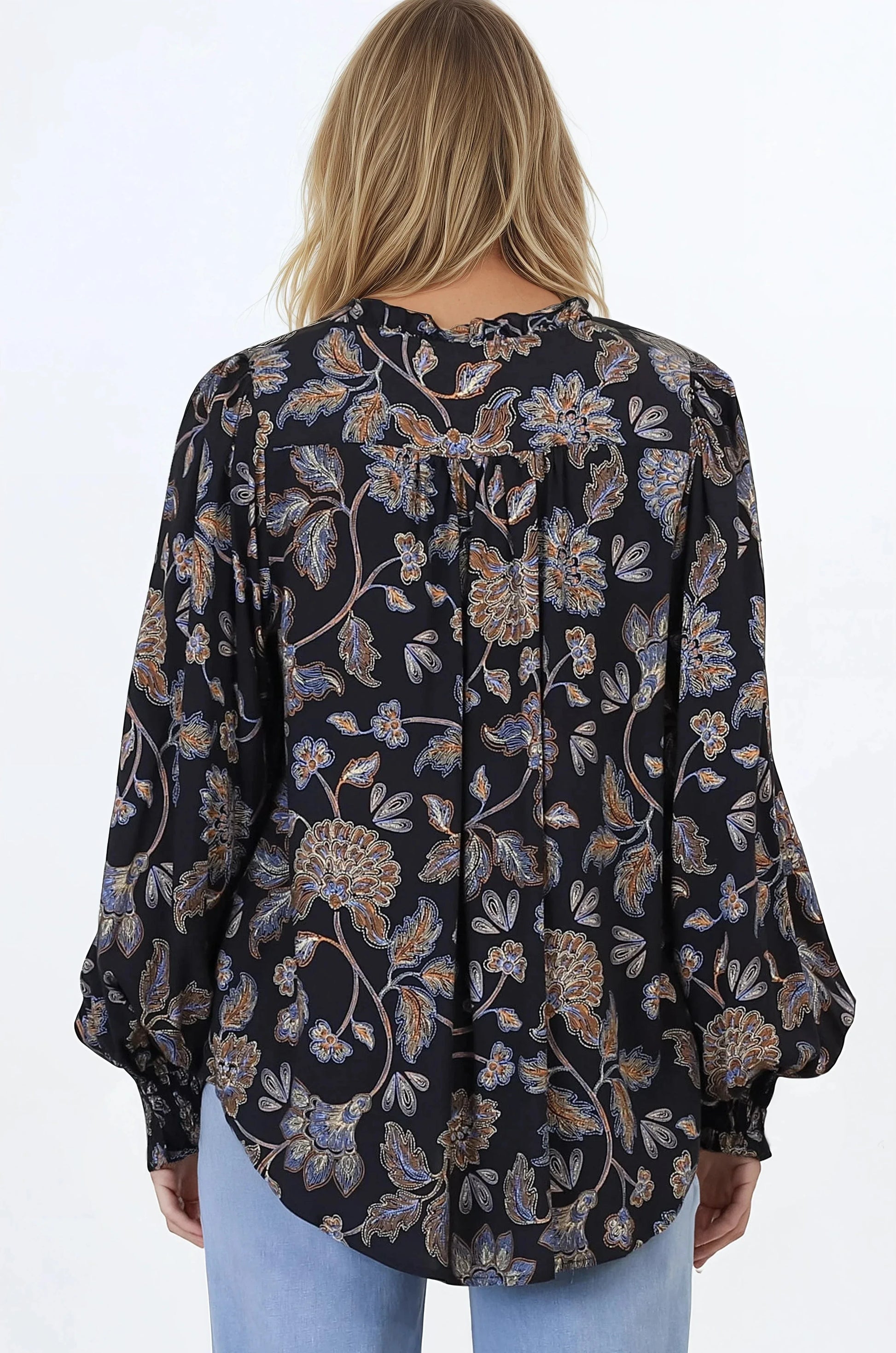 Moree Blouse - Frill Collar Neck Tie Button Down Shirt in the Enchanted Ink Print