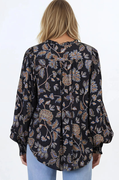 Moree Blouse - Frill Collar Neck Tie Button Down Shirt in the Enchanted Ink Print