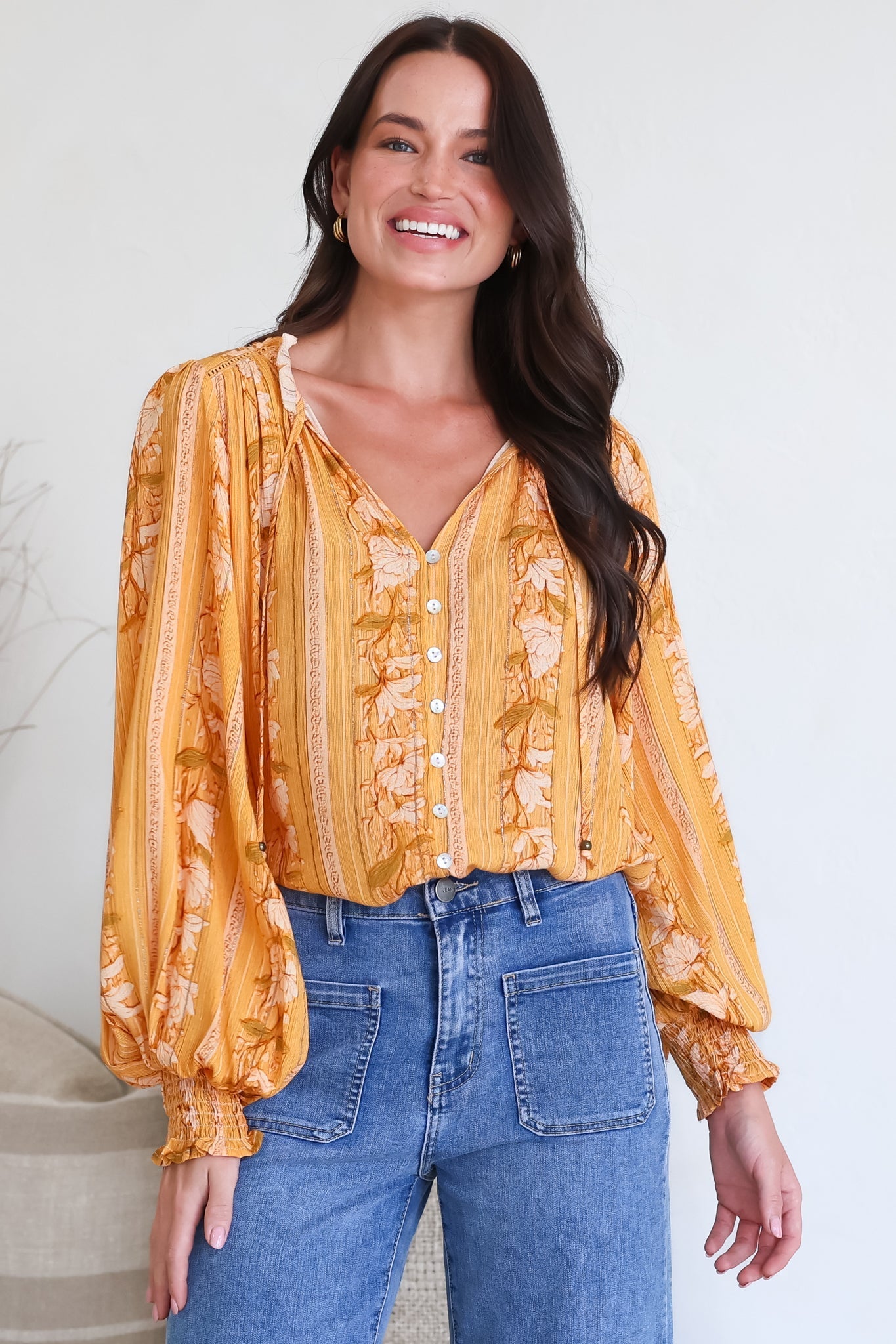 Moree Blouse - Frill Collar Neck Tie Button Down Shirt in Totema Print