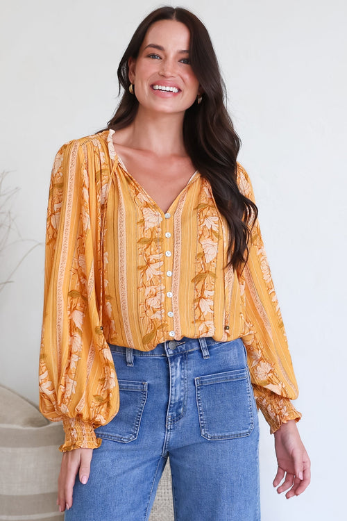 Moree Blouse - Frill Collar Neck Tie Button Down Shirt in Totema Print