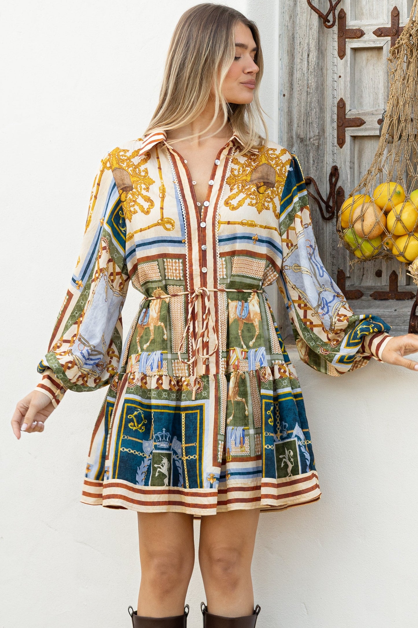 Morso Mini Dress - Wing Collar Front Button Placket Tiered Hem with Balloon Sleeves and String Belt in Regalia Print