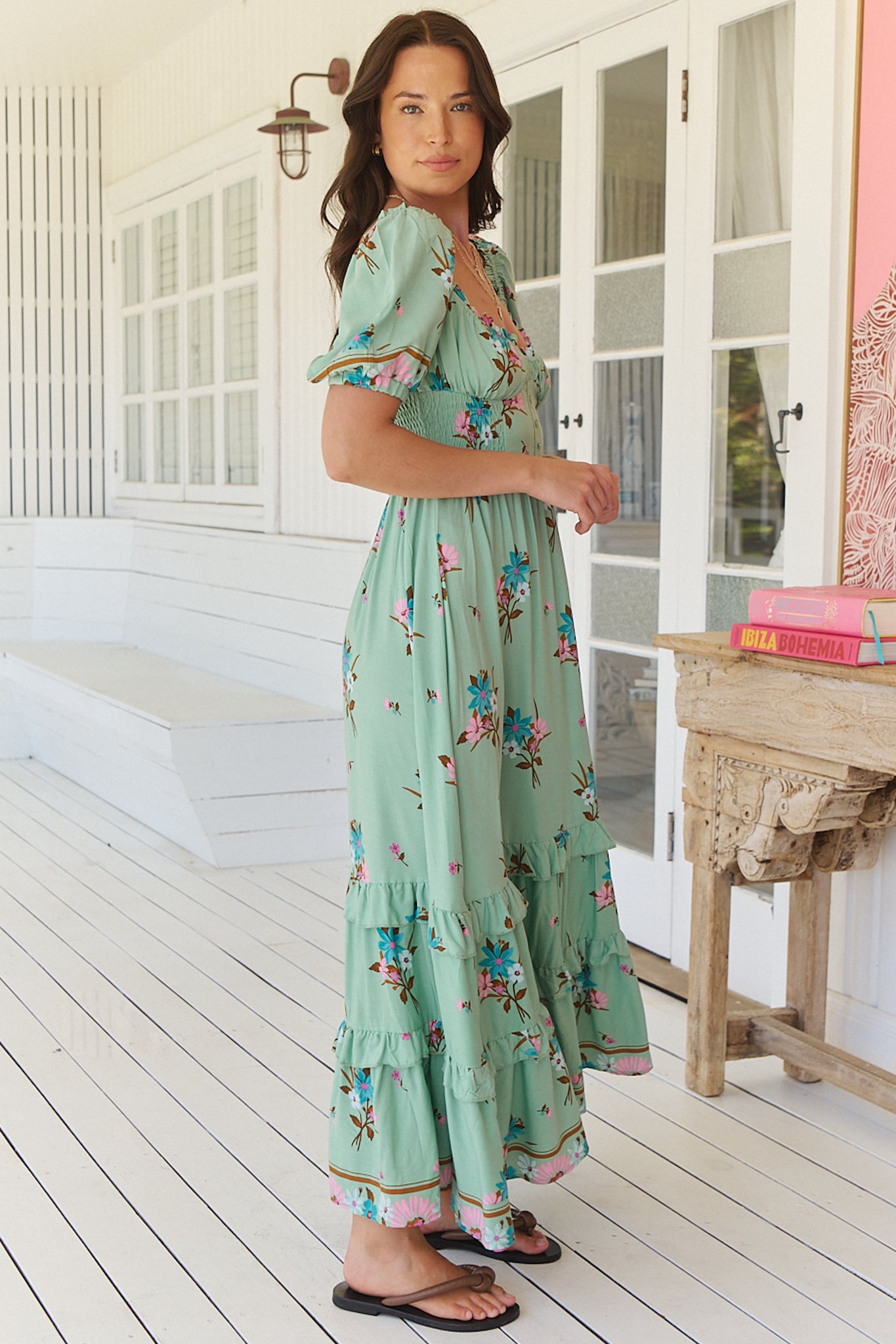 JAASE - Moyo Midi Dress: A-Line Dress with Frill Splicing and Milkmaid Neckline in Maribel Print