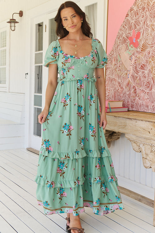 JAASE - Moyo Midi Dress: A-Line Dress with Frill Splicing and Milkmaid Neckline in Maribel Print