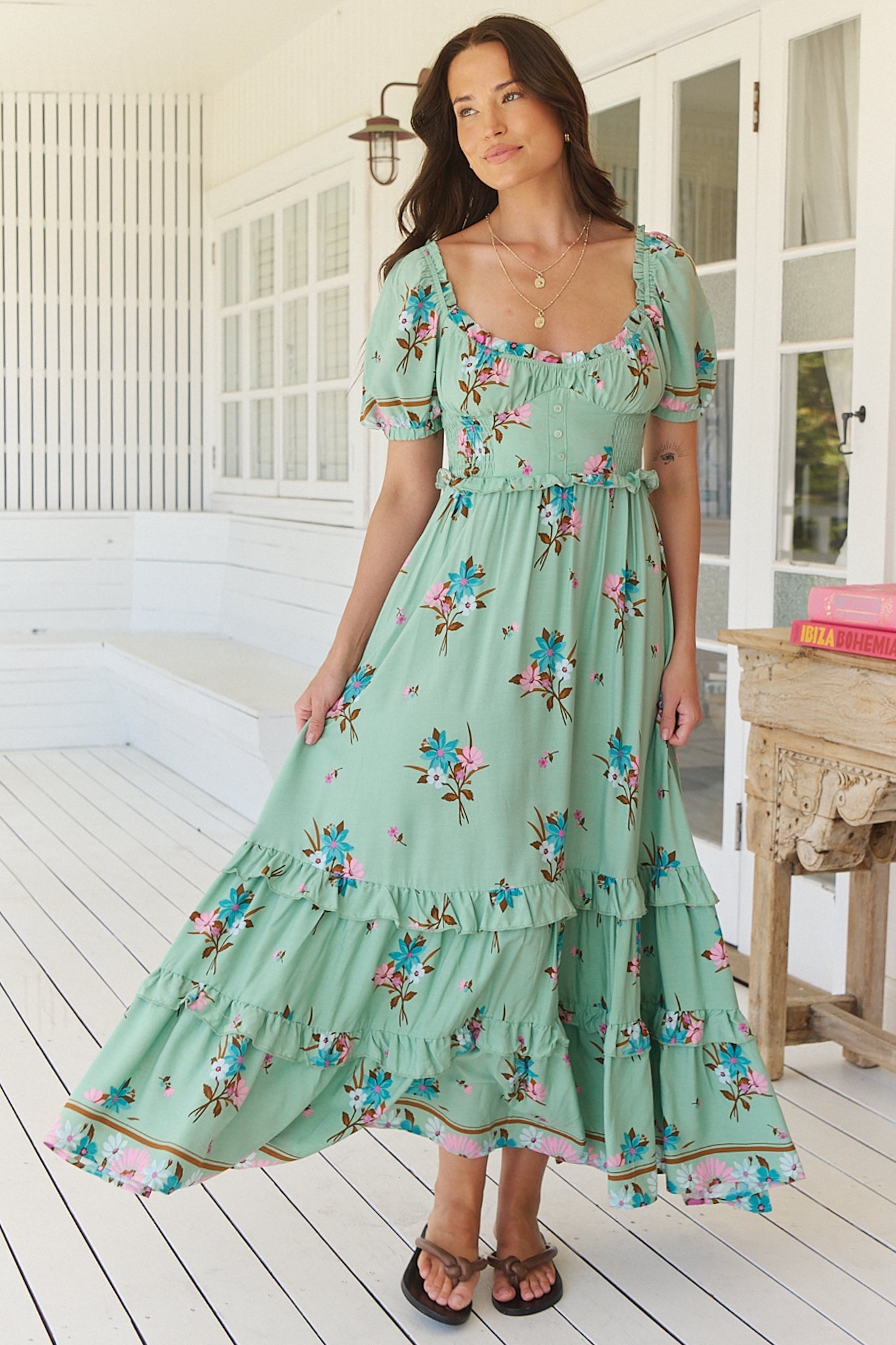 JAASE - Moyo Midi Dress: A-Line Dress with Frill Splicing and Milkmaid Neckline in Maribel Print