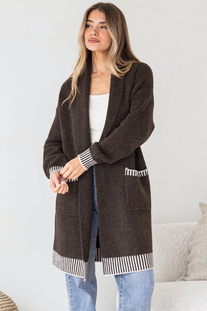 Nattie Cardigan - Folded Collar Knit with Contrast Stripe Hemlines and Pockets in Dark Brown