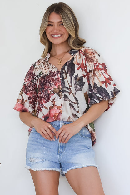 Nayra Blouse - Mandarin Collar Buttoned Down with Puff Sleeves in Leonor Print