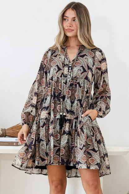 Olivia Mini Dress - Mandarin Collar Tiered Smock Dress with Long Sleeves in Blaise Print Black