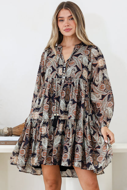 Olivia Mini Dress - Mandarin Collar Tiered Smock Dress with Long Sleeves in Blaise Print Black