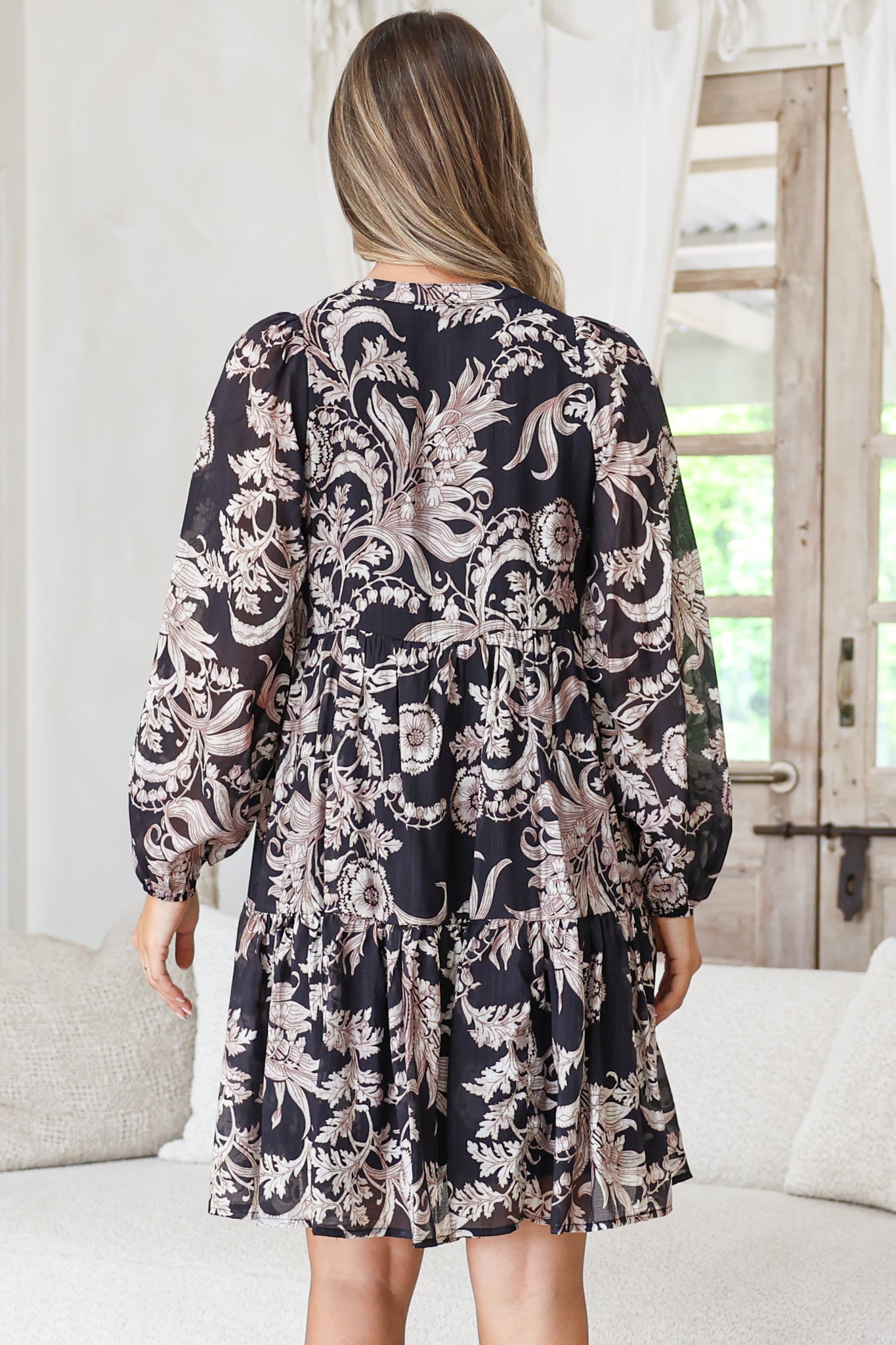 Olivia Mini Dress - Mandarin Collar Tiered Smock Dress with Long Sleeves in Pim Print Black