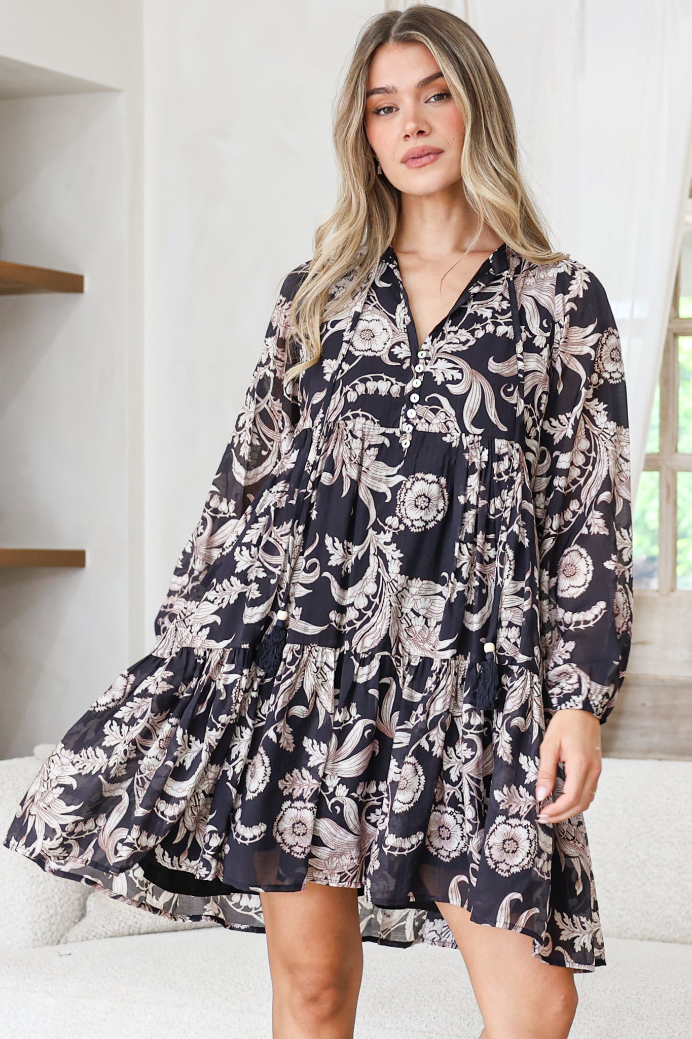 Olivia Mini Dress - Mandarin Collar Tiered Smock Dress with Long Sleeves in Pim Print Black