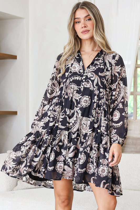 Olivia Mini Dress - Mandarin Collar Tiered Smock Dress with Long Sleeves in Pim Print Black
