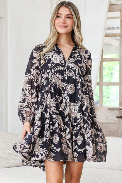 Olivia Mini Dress - Mandarin Collar Tiered Smock Dress with Long Sleeves in Pim Print Black
