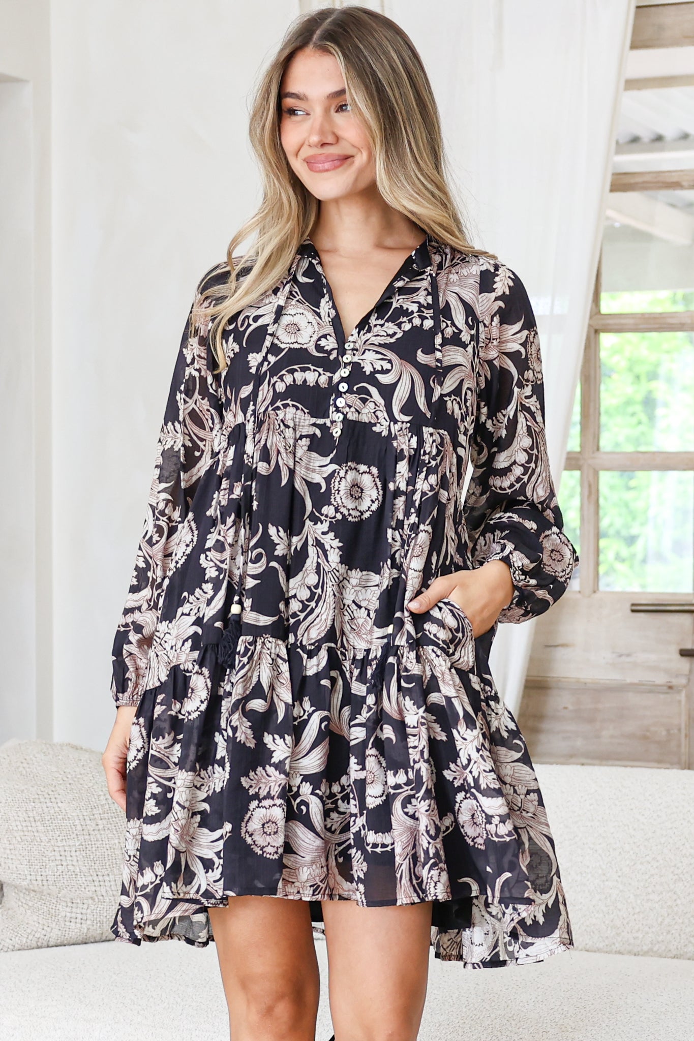 Olivia Mini Dress - Mandarin Collar Tiered Smock Dress with Long Sleeves in Pim Print Black