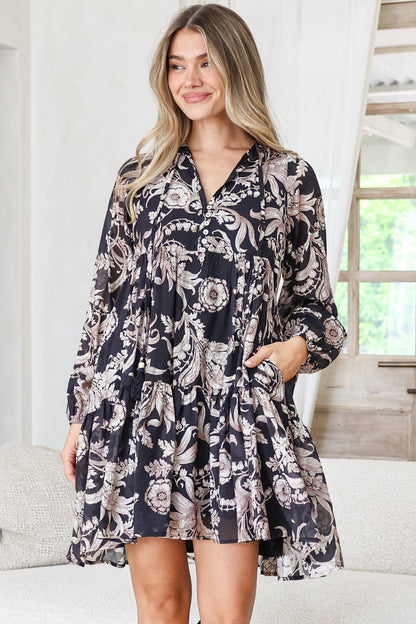 Olivia Mini Dress - Mandarin Collar Tiered Smock Dress with Long Sleeves in Pim Print Black